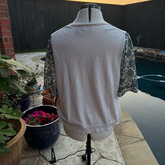 J. Crew Factory Mixed Media Cream for Knit Top with Blue Paisley Sleeves - Picture 4 of 10